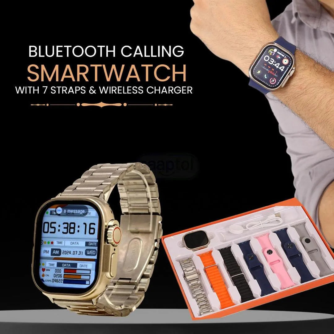 7-in-1 Ultra Bluetooth Calling Smart Watch with 7 Premium Straps & Wireless Charger | HD Display | Fitness Tracker